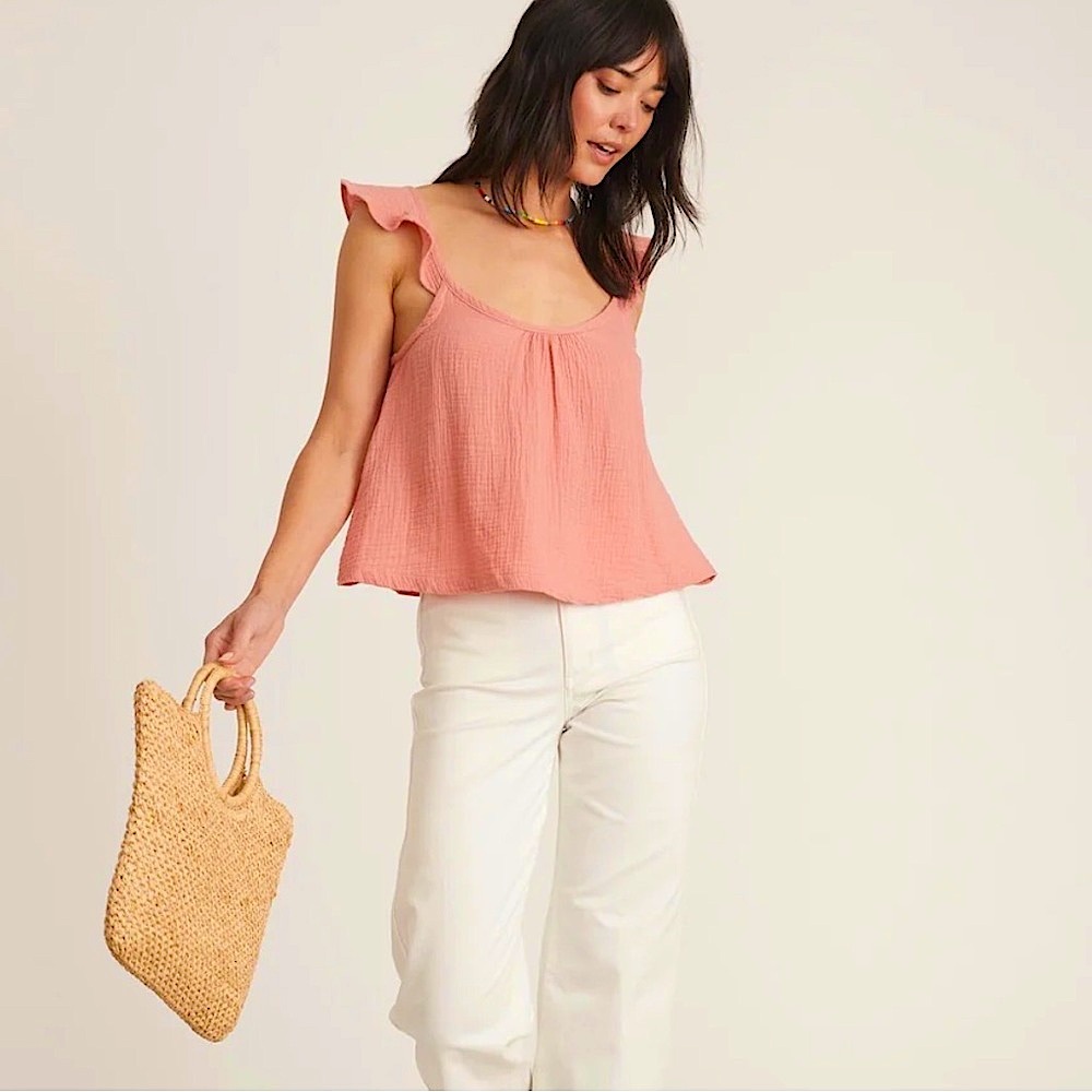 Marine Layer Cotton Gauzy Crinkled Flutter Sleeve Cami in Rosette NWT Medium